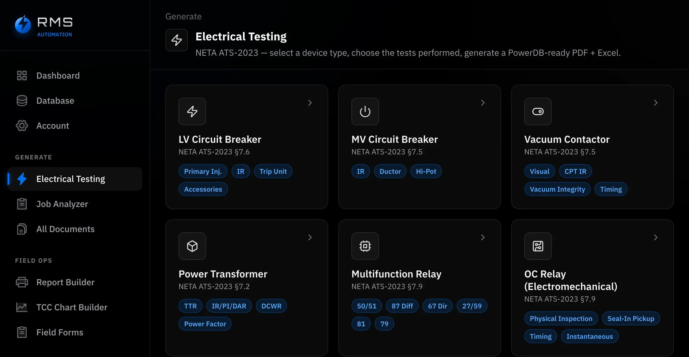 The RMS Automation app, on the electrical testing screen: a grid of device cards — LV circuit breaker, MV circuit breaker, vacuum contactor, power transformer, multifunction relay, overcurrent relay — each labelled with its NETA ATS-2023 clause and the tests it covers.