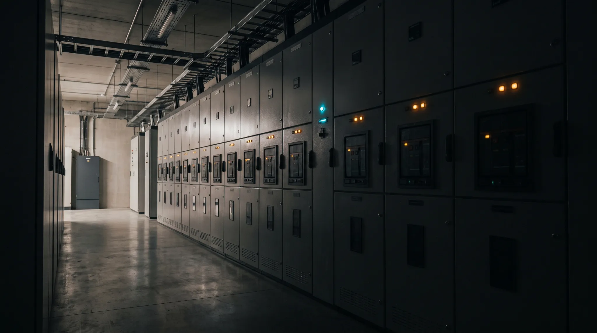 A long lineup of metal-clad switchgear cubicles in a quiet, dimly lit electrical room.