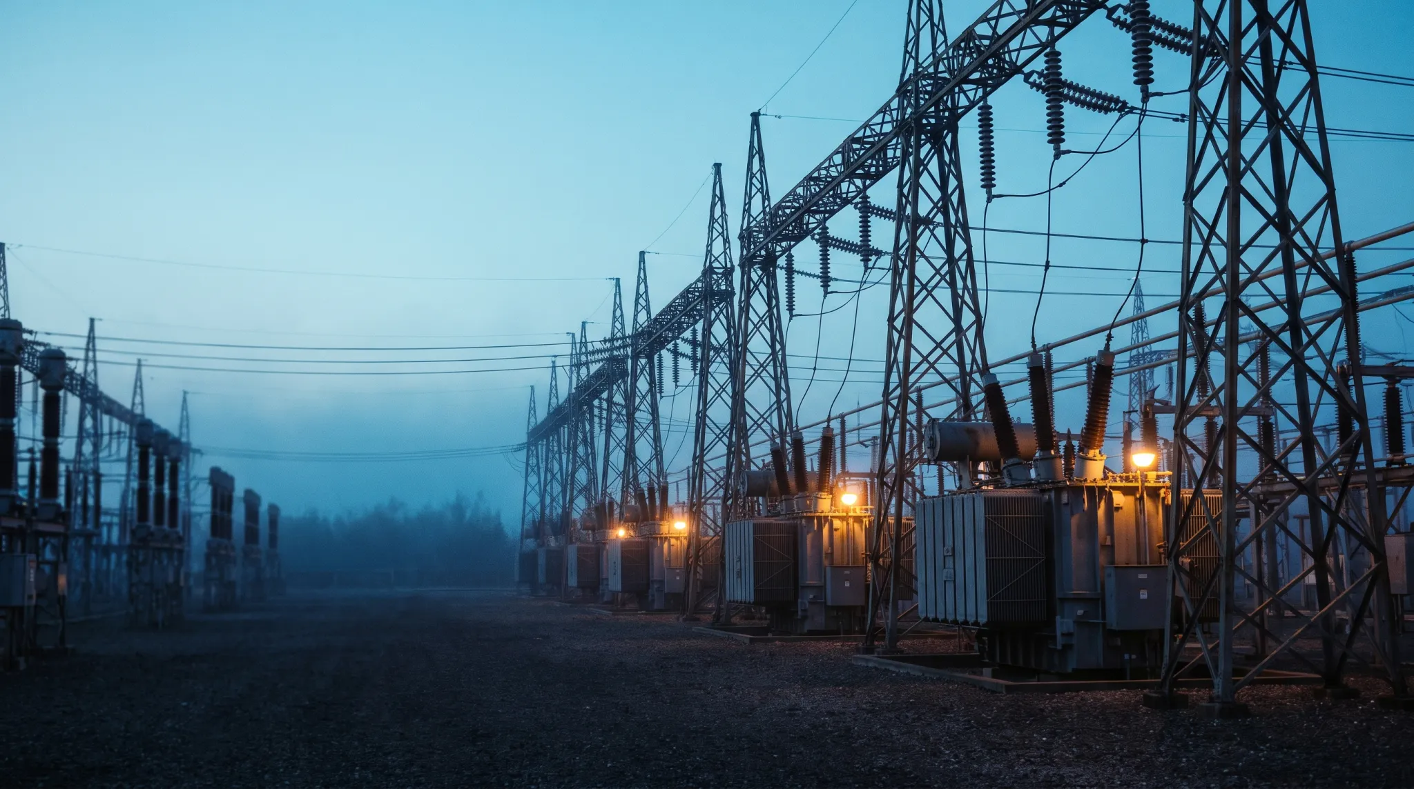 A high-voltage utility substation at dusk, transmission towers and power transformers receding into haze.