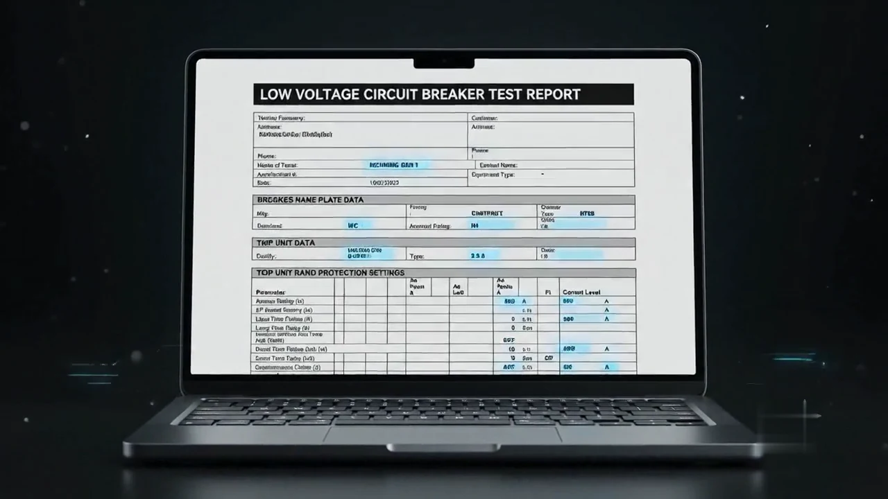 A camera lens resolves into an AI processor, which breaks apart and reassembles into a laptop showing a finished low-voltage circuit-breaker test report.