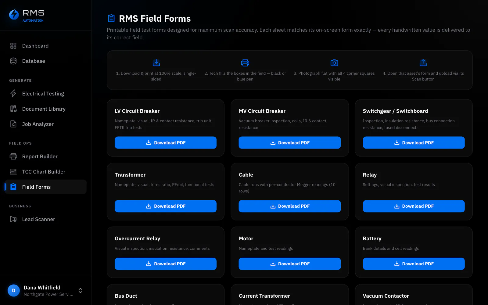 The Field Forms page: printable versions of the same test sheets, above four numbered instructions: print at 100% scale single-sided, fill the boxes in black or blue pen, photograph flat with all four corner squares visible, then upload through the asset’s Scan button. Below is a grid of download cards, one per device type, each listing the tests its sheet covers.