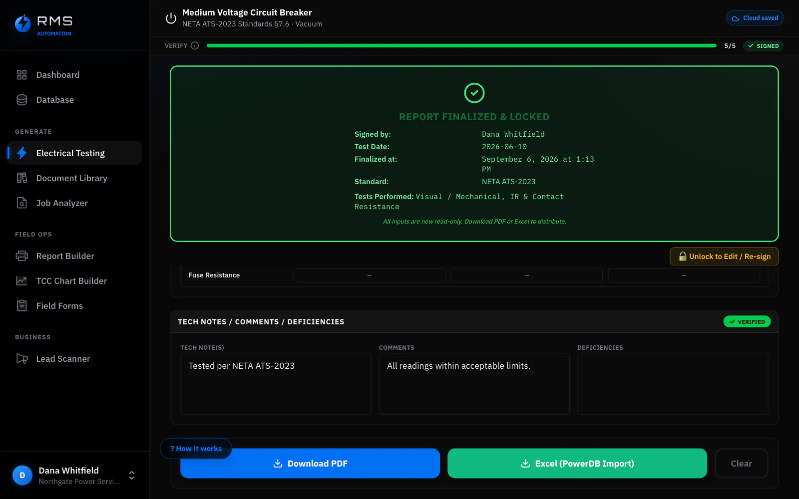 The same breaker form after signing. A “Report Finalized & Locked” banner names the signer, the test date, the finalize timestamp, the standard applied and the tests performed, and states that all inputs are now read-only. At the foot of the form are the two export buttons (Download PDF and Excel (PowerDB Import)) beside an Unlock to Edit / Re-sign control.