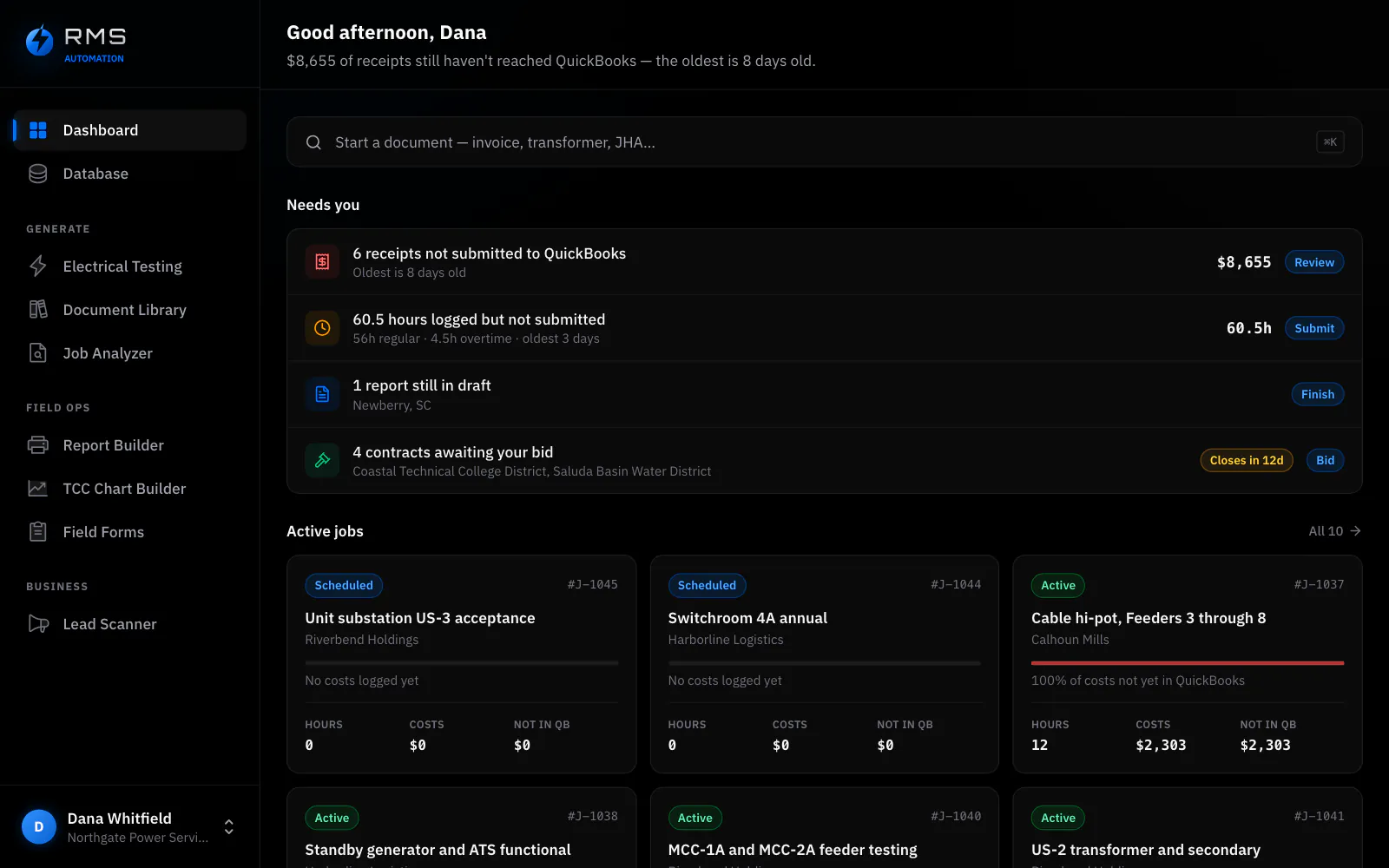 The dashboard opening on a “Needs you” list: $8,655 of receipts that have not reached QuickBooks with the oldest eight days old, 60.5 hours logged but not submitted, one report still in draft, and four contracts awaiting a bid with the nearest closing in twelve days. Each with the one control that clears it. Below sit the active job cards with their hours, costs and QuickBooks status.