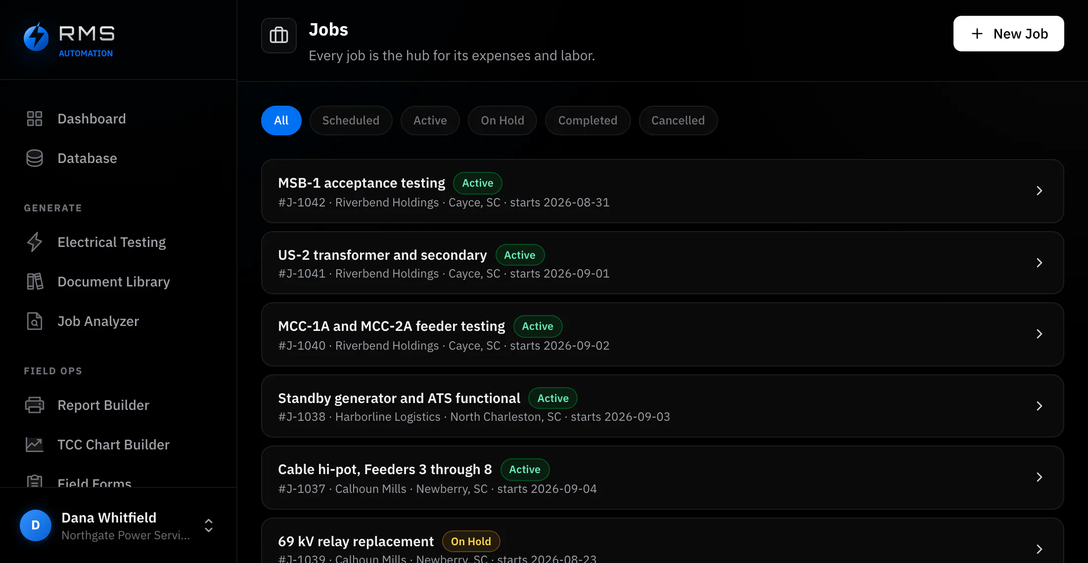The jobs list, described as the hub each job’s expenses and labor hang off. Tabs filter by status (scheduled, active, on hold, completed, cancelled) over rows for MSB-1 acceptance testing, a unit substation transformer, two MCC feeder lineups, a standby generator and transfer switch, a cable hi-pot across six feeders and a 69 kV relay replacement. Each row carries its job number, customer, city and start date.
