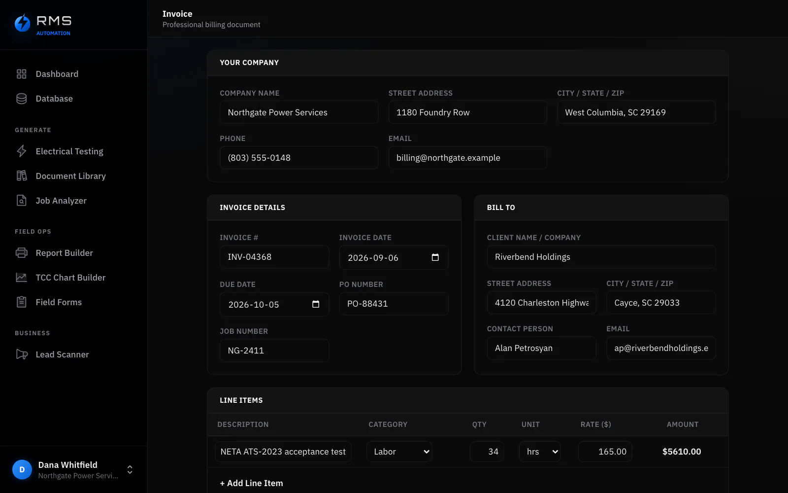 The invoice builder. Sender details on the left, invoice number, dates, PO number and job number on the right, then the bill-to block and a line-items table with description, category, quantity, unit, rate and amount, totalling $5,610.00, with a control to add another line.